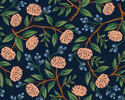 Wildwood - Peonies - Blue Canvas Fabric